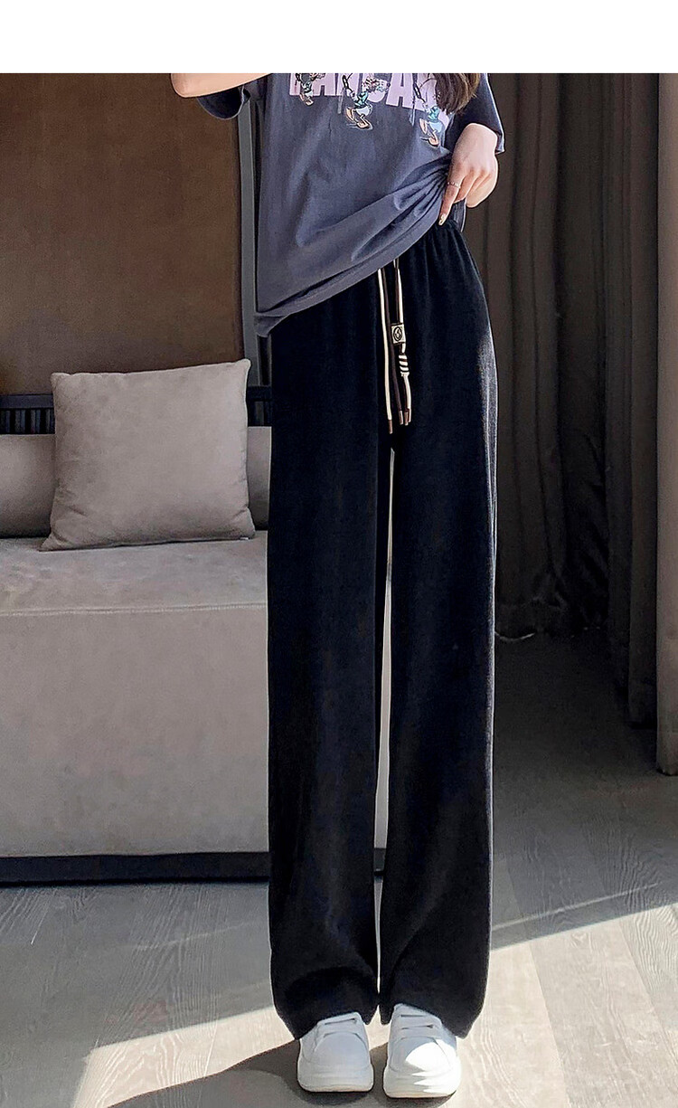 Dme [Cotton Velvet Wide-Leg Casual Pants], Autumn Mid-Rise Elastic Waist Trousers, Loose Women's Pants, Black, M 2