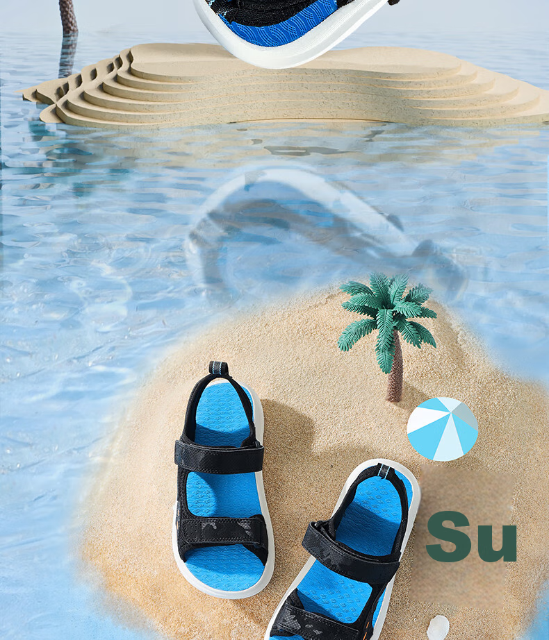 ERKE Children's Shoes, Boys' Sandals, Kids' Double-Layer Velcro Open-Toe Outdoor Sandals, Black/beach Blue, Size 34 7