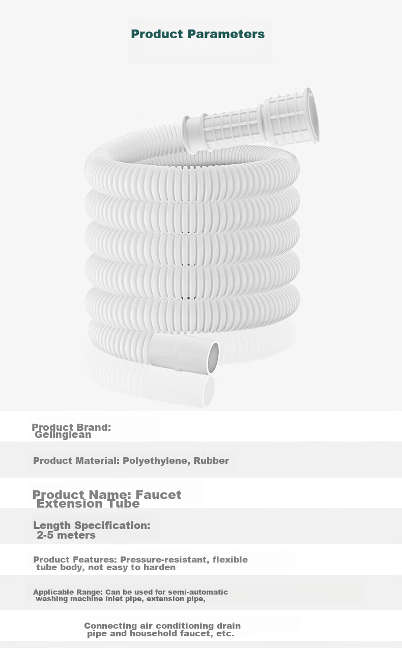 Gelinglan Semi-Automatic Washing Machine Inlet Hose Extension, Corrugated Pipe for Tap Water, Household Faucet Outlet Extension Hose, Flexible Pipe for Air Conditioner Drainage, Universal 2 Meters GSG-2 13
