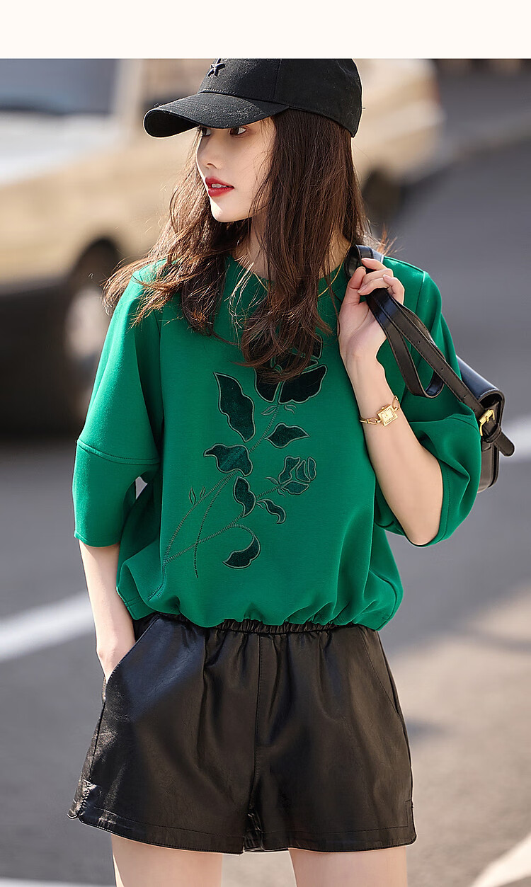 Dme Floral Embroidered Spring And Autumn Round Neck Air Layer Three-Quarter Sleeve Elastic Loose Sweatshirt Women's Top, Cyan Green, L 17