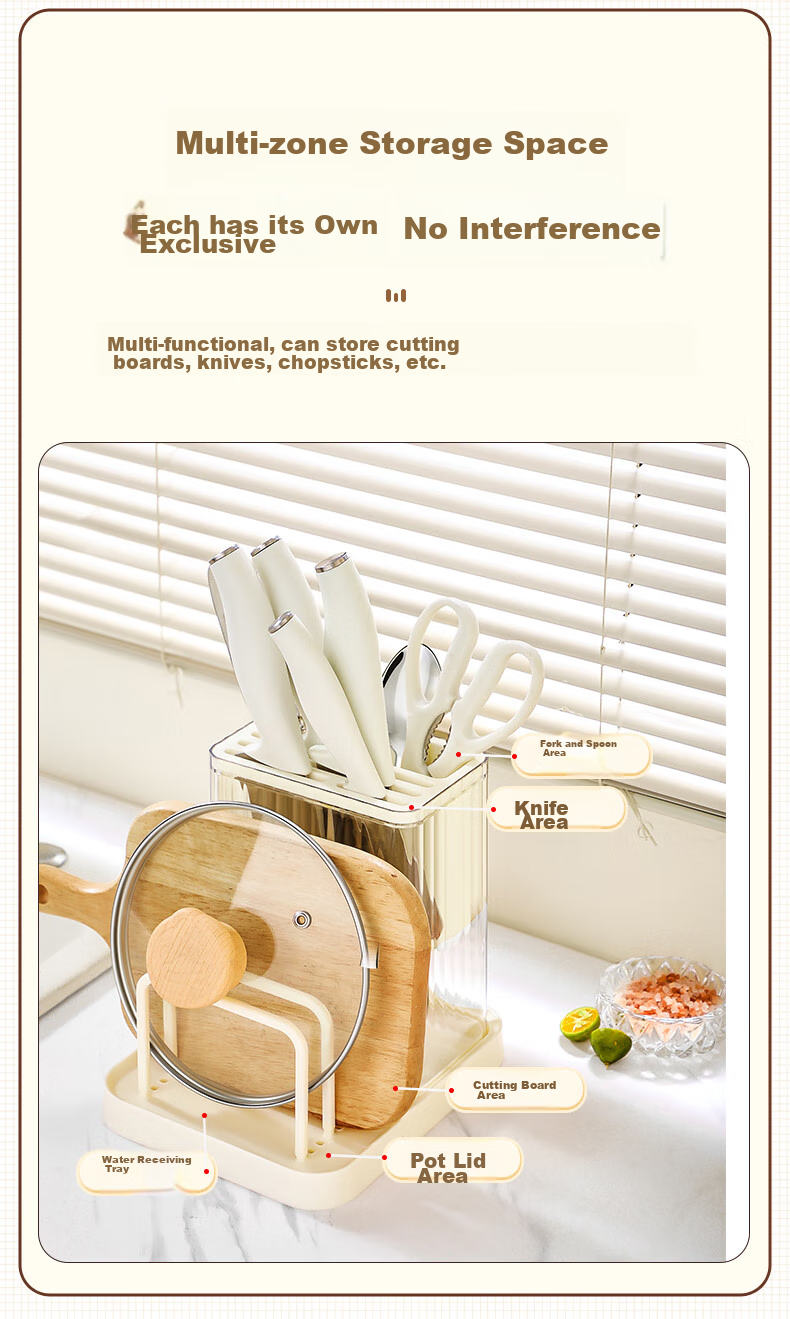 COOKER KING Knife Holder Storage Rack, Cream-Colored Multifunctional Cutting Board Rack, Chopstick Cage And Knife Organizer, Chopsticks Spoon Cutting Board Stand 4