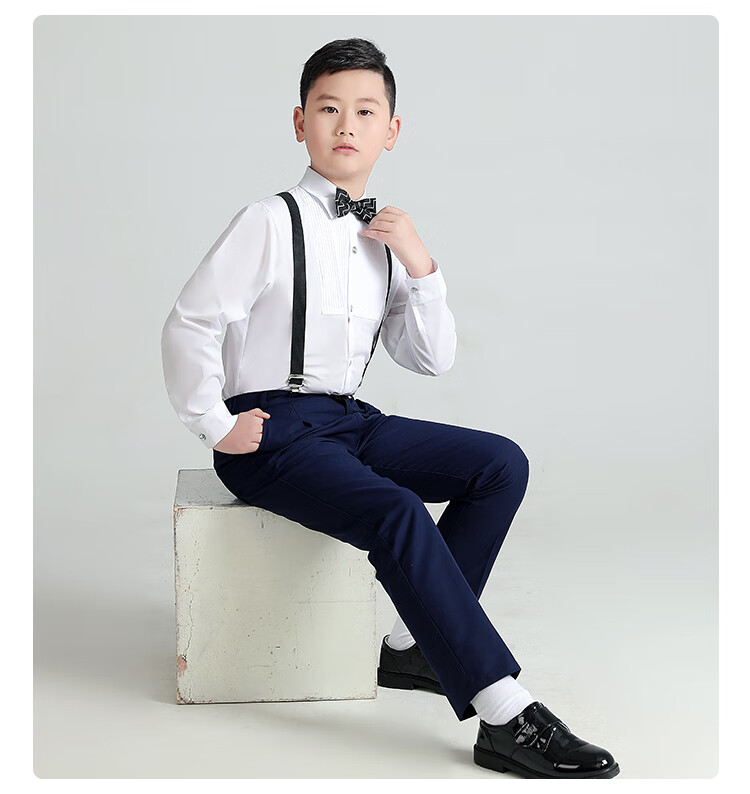 LUOBOBEIBEI Plus-Size Boys' Formal Wear, New Year's Outfit for Older Children, Enlarged Shirt And Suspender Pants, Black Four-Piece Set, Size 150 8