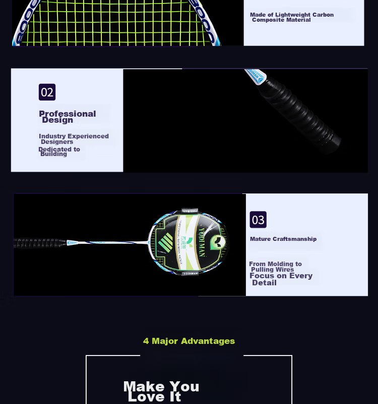 Yodiman Offense And Defense 4U Carbon Composite Training Badminton Racket, 8000 Single Racket (1 Piece) 3