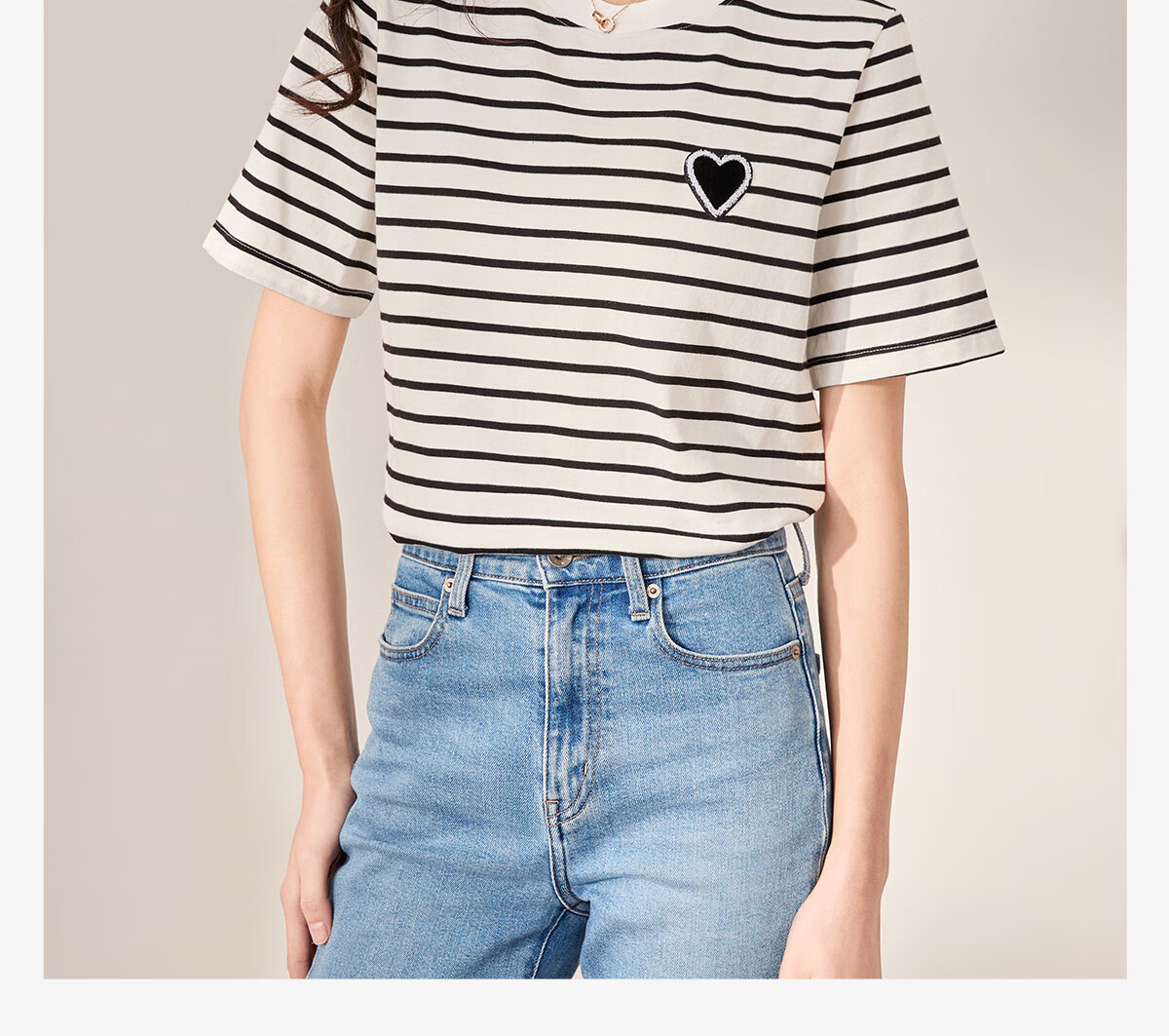 Chushen Summer Short-Sleeve T-Shirt for Women, Fashionable Versatile Round Neck Heart Logo Striped Pure Cotton Half-Sleeve Top S13KT1172 1