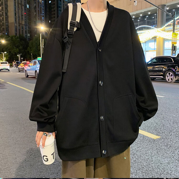 CHUTAN Men's Sweater Cardigan V-Neck Autumn Winter Pullover Casual Japanese Style Long Sleeve Sweater, Black, 2XL 13