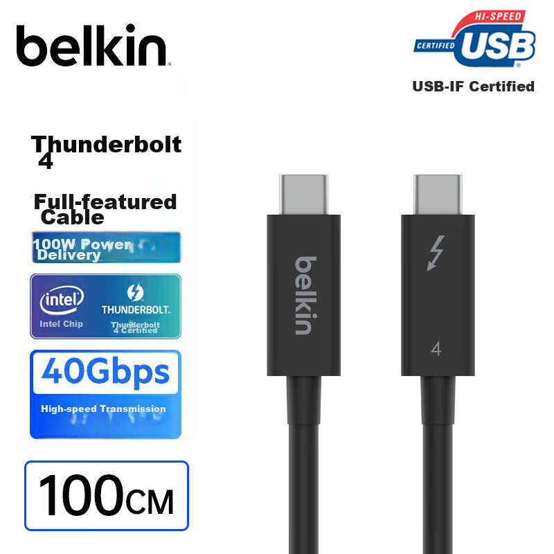 BELKIN Thunderbolt 4 Data Cable, Intel Certified, PD Fast Charging 100W, Type-C Male to Male Video Transmission, Charging Cord, 1 Meter Passive, INZ003
