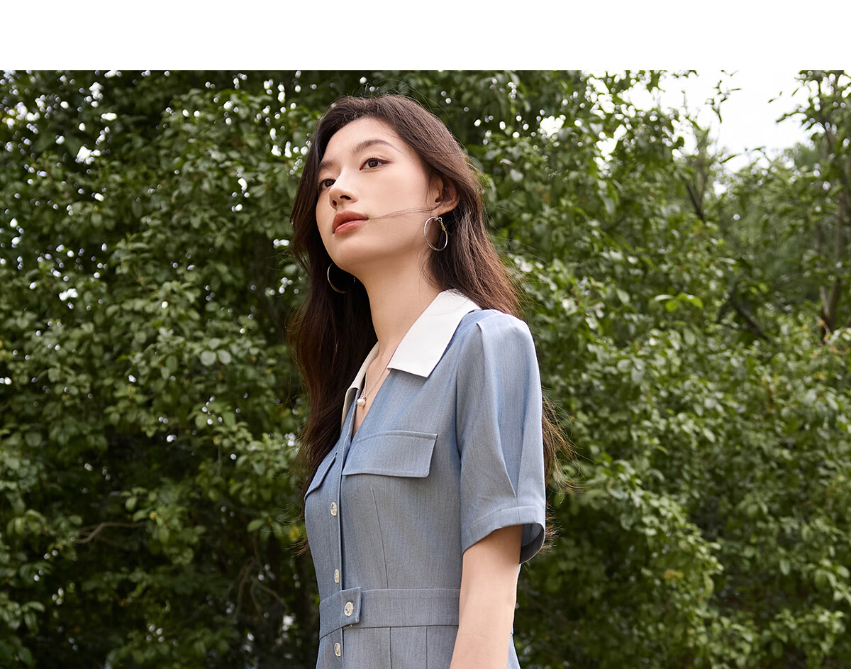 Chushen Summer Short-Sleeve Dress for Women, Retro Color-Block Lapel, Waist-Cinching Slimming, Commuter Casual Dress S52Q036 12