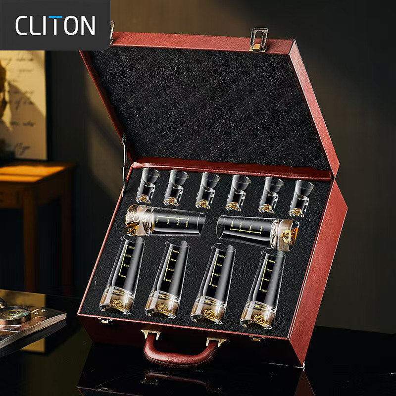 CLITON Jinshan Straight Crystal White Wine Glass Decanter Leather Case Set 6 Pots 6 Small Shots Strong Liquor Cups