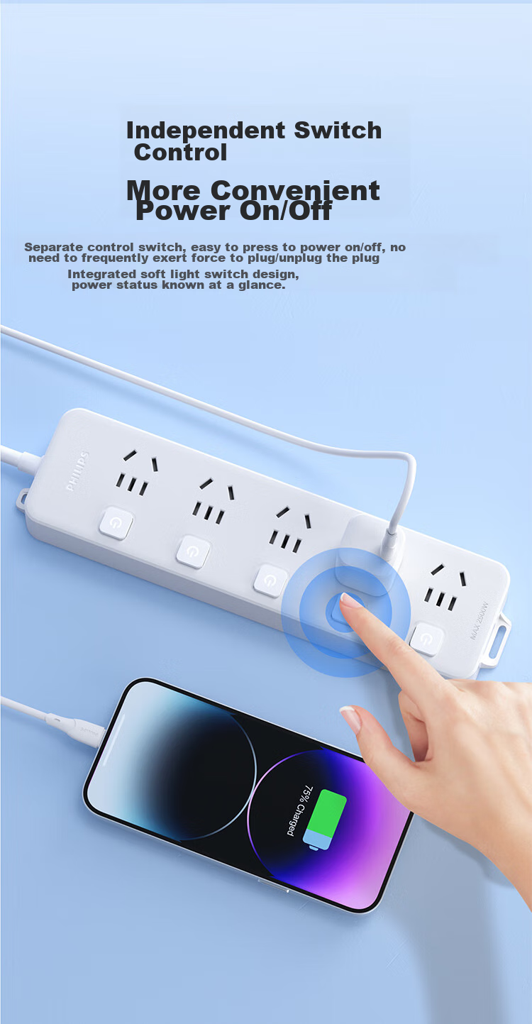 PHILIPS 5-Outlet Independent Switch, 2.8 Meters, Large Hole Spacing, Power Strip/cord Organizer/extension Cord Holder 4