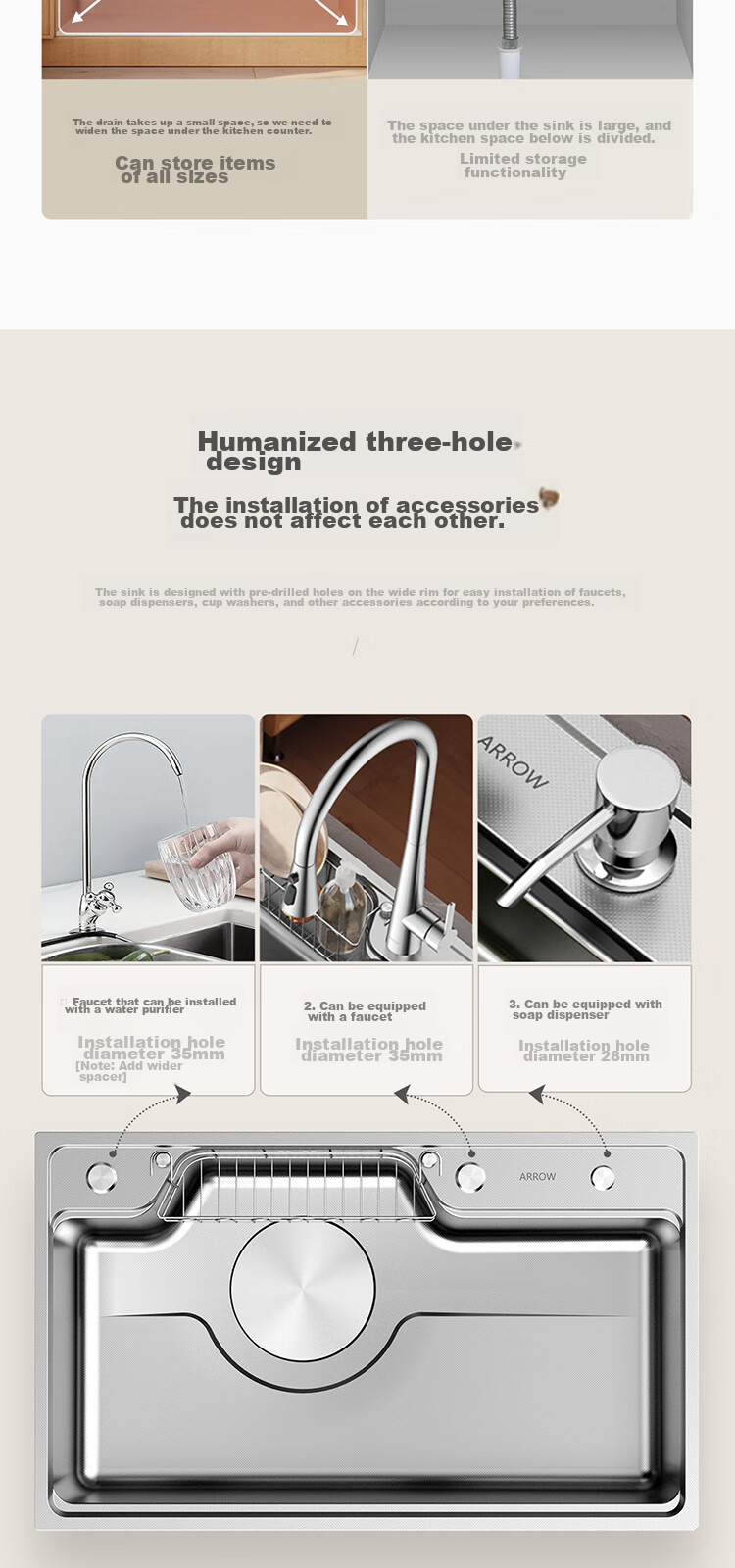 ARROW Sink, Kitchen Vegetable Washing Basin, Stainless Steel, Household Use, Japanese-Style Large Single Sink, AE5575452G23-YSS·75*48 12