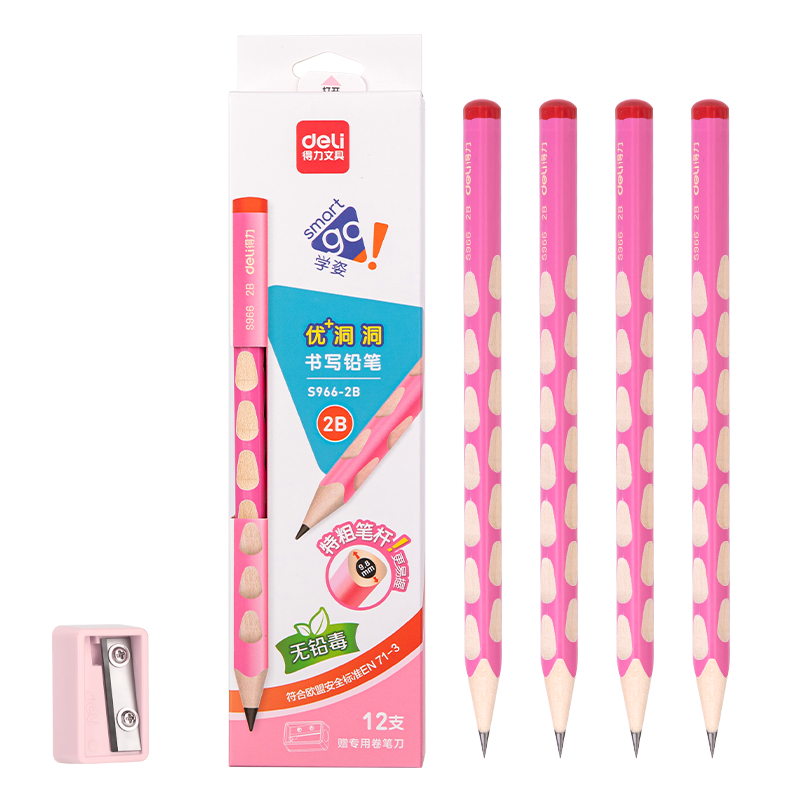 Deli Perforated Pencils, 12 Pieces, 2B Pink Extra Thick Barrel, Easy Grip, for Girls And Children, Correction Pencils, Student Writing Practice Pencils, Drawing Pencils, Back-To Stationery