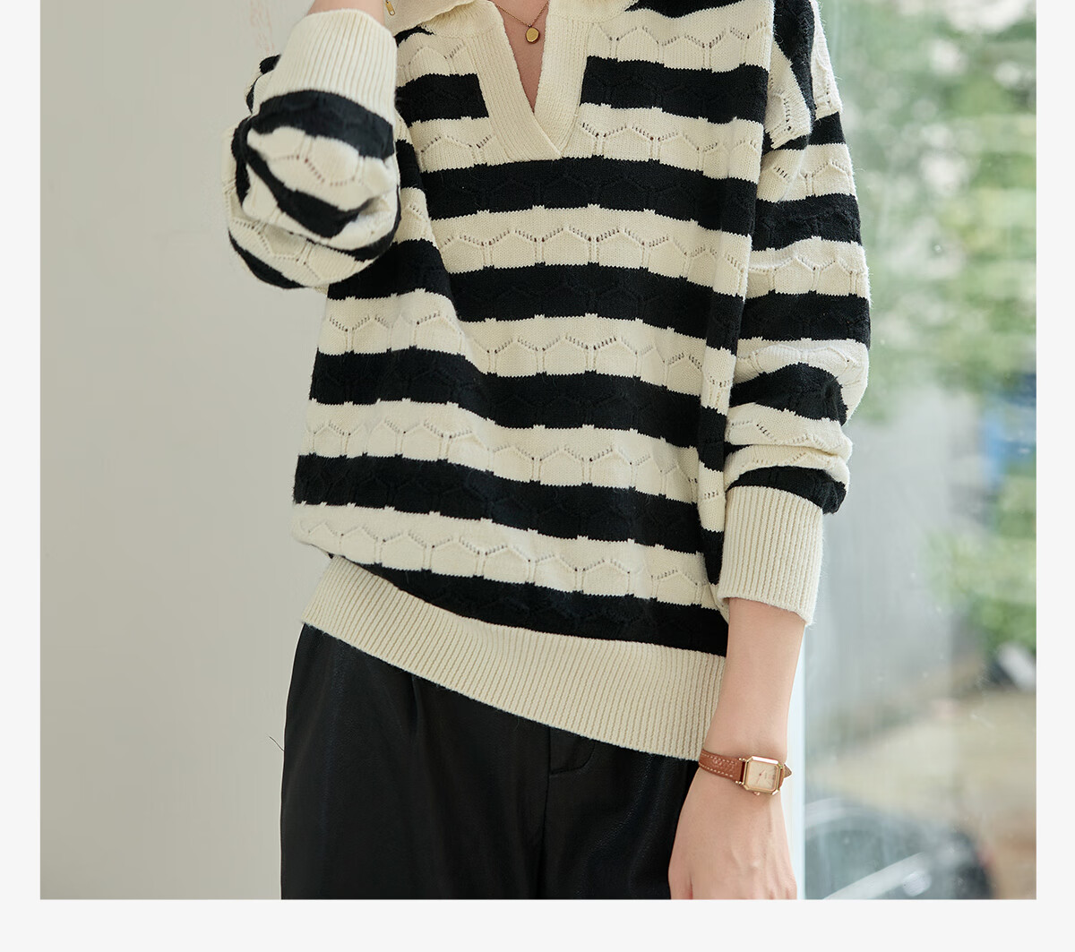 Chushen Spring Autumn Women's Knitwear Striped Textured Pattern Polo Collar Sweater Basic Top S143Z3010 1