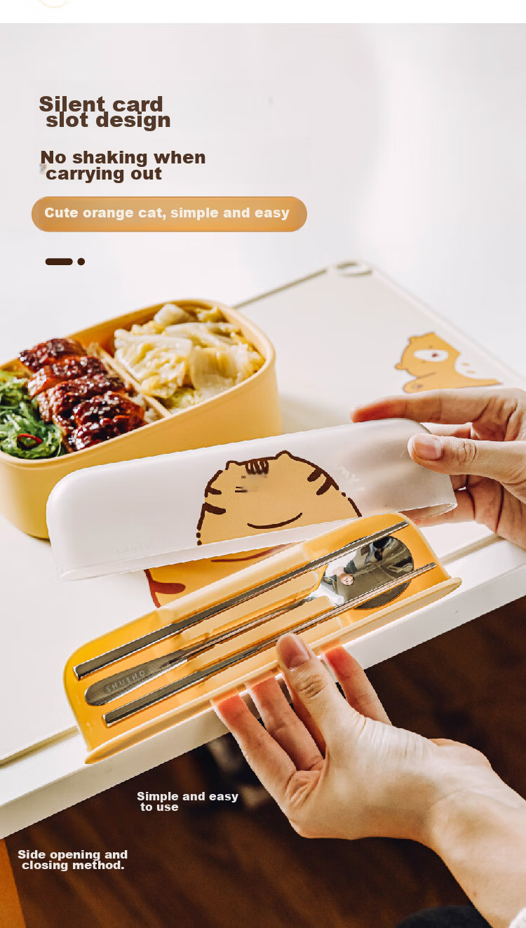 Shuke Orange Cat Tableware Box for Elementary School Students, Portable Stainless Steel Chopsticks And Spoon Set for Children, Suitable for Individual Use 6