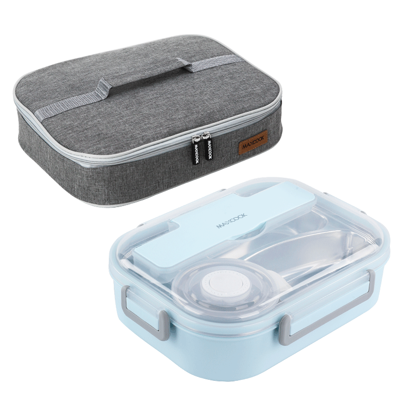 MAXCOOK 304 Stainless Steel Lunch Box, Extra Large And Deep 4-Compartment Student Lunch Box Tray 1.6L with Insulated Bag MCFT8796