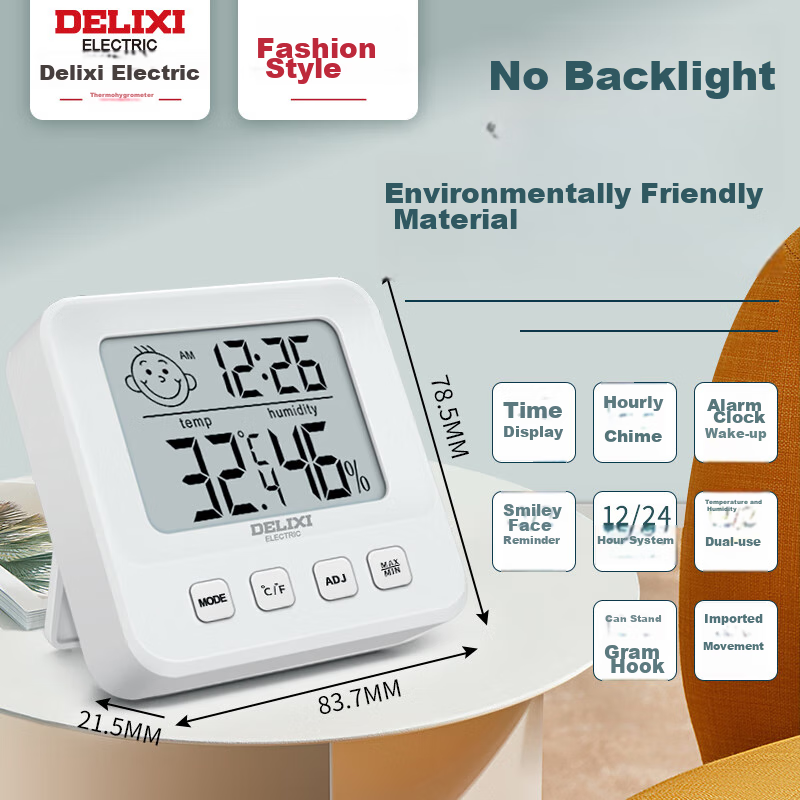 DELIXI ELECTRIC Temperature And Humidity Meter, Baby Room Thermometer, Wall-Mounted And Stand-Up Dual-Use Electronic High-Precision Wall-Mounted Indoor Home Alarm Clock