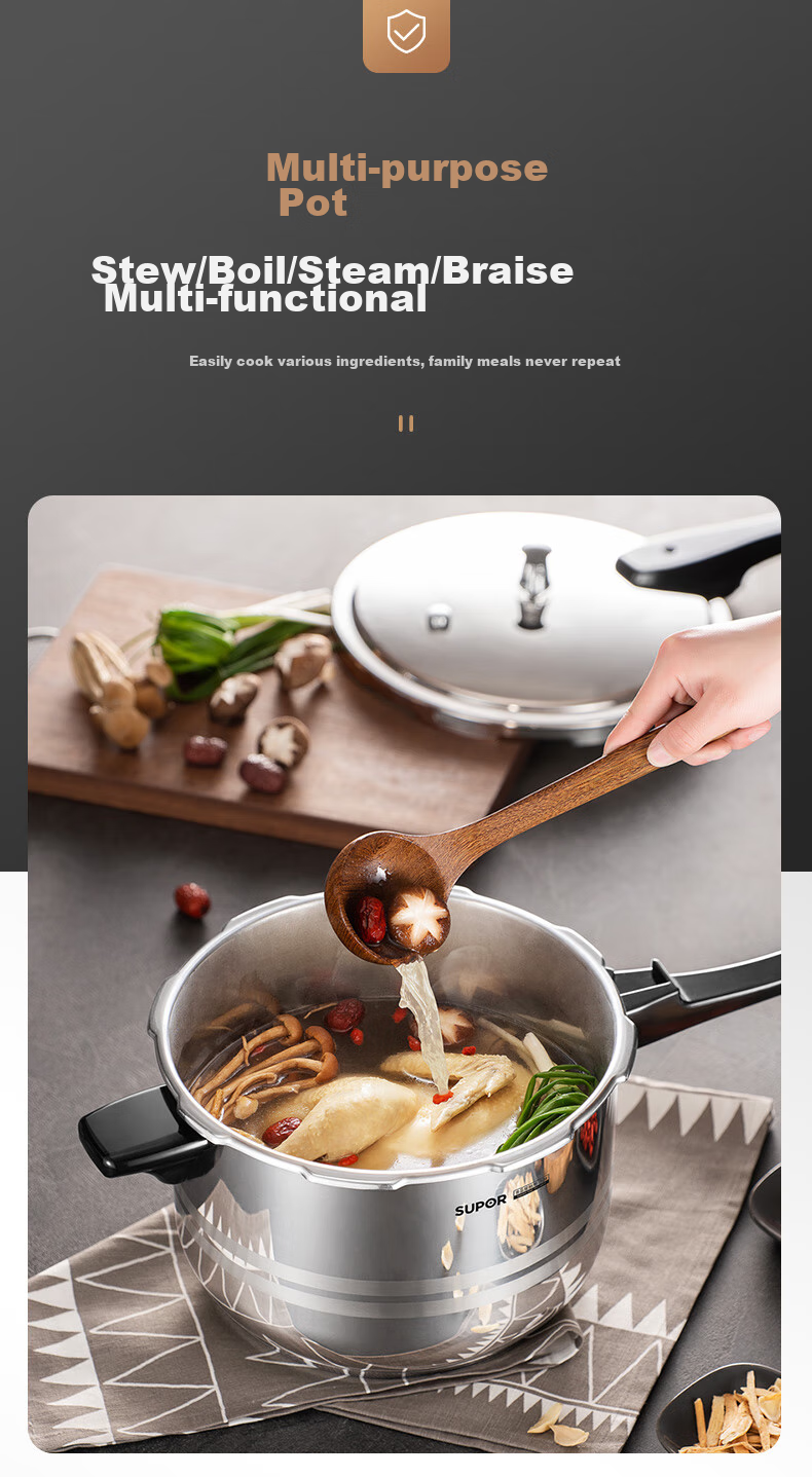 SUPOR 304 Stainless Steel 9L Pressure Cooker, 26cm [Suitable for 4-6 People], Explosion-Proof High Pressure Cooker, Compatible with Induction Cookers, Large Capacity 11