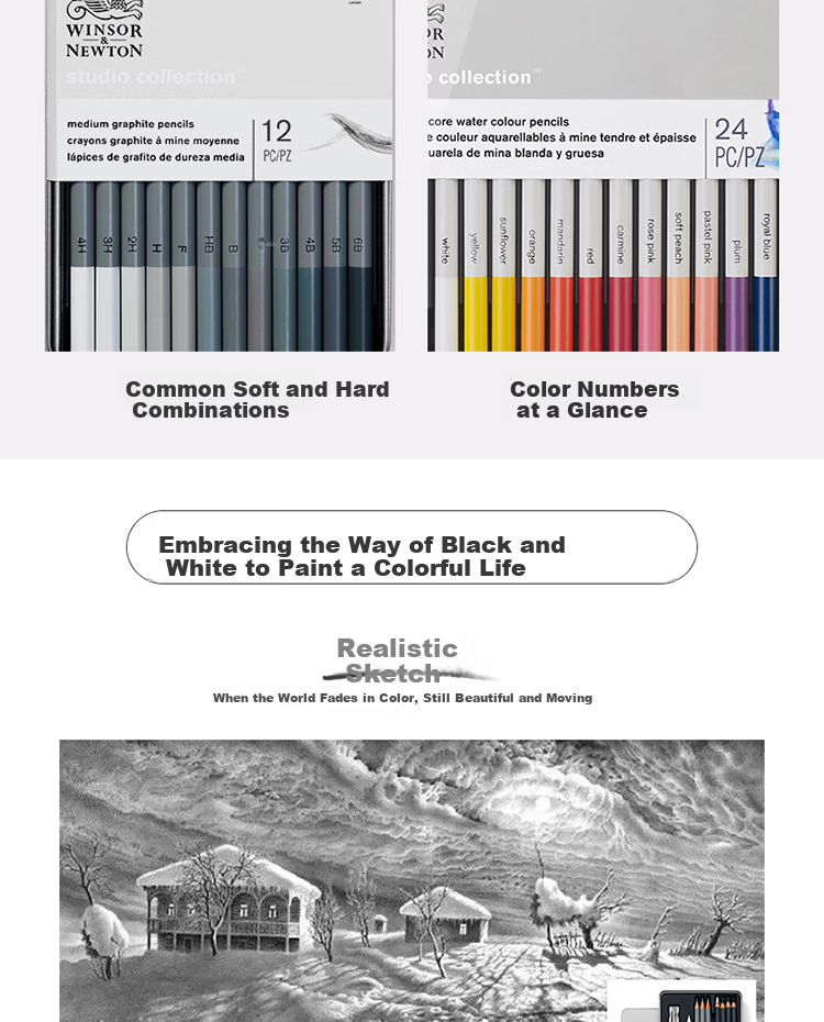 WINSOR&NEWTON [Freud Brand] Colored Pencils for Doodling, Coloring, Sketching, Professional Hand-Drawn Art, Colored Drawing, Sketching, Oil-Based Colored Pencils, 24-Piece Set 3