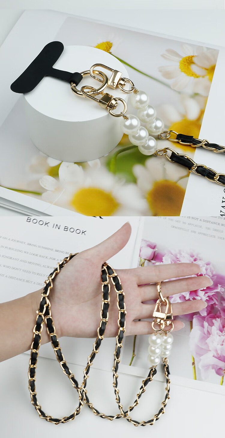 ESCASE Phone Lanyard, Crossbody Neck Strap, Anti-Loss Phone Case, Long Hanging Chain, High-End Fashion Pearl Necklace, Dopamine, Summer Colorful Black And Gold 9