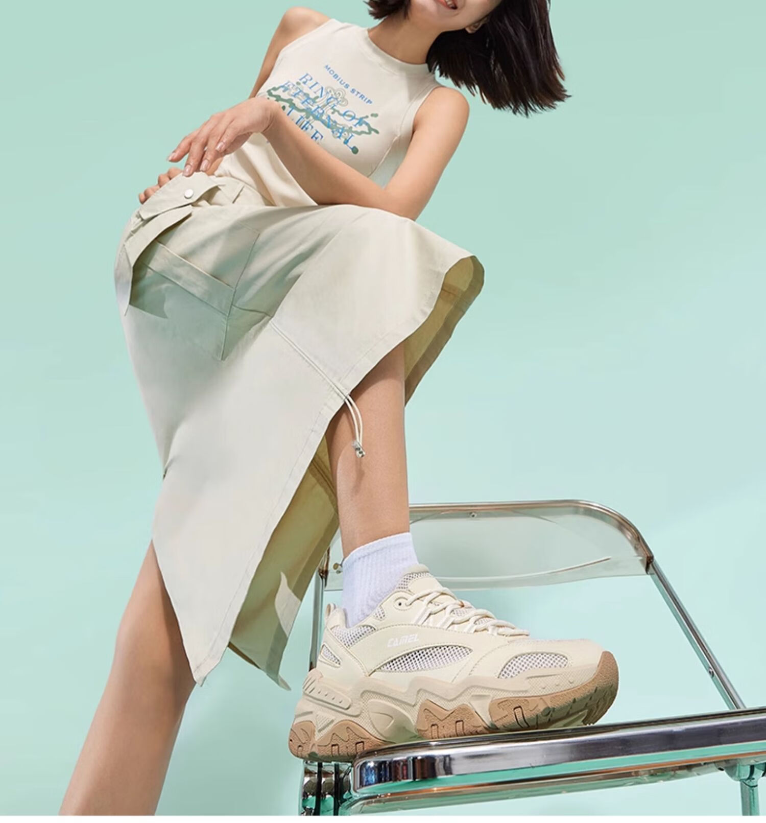 CAMEL Retro Chunky Women's Shoes, Platform Heightening Casual Sneakers X24B09L7009, Cream White/blue, Size 37 28