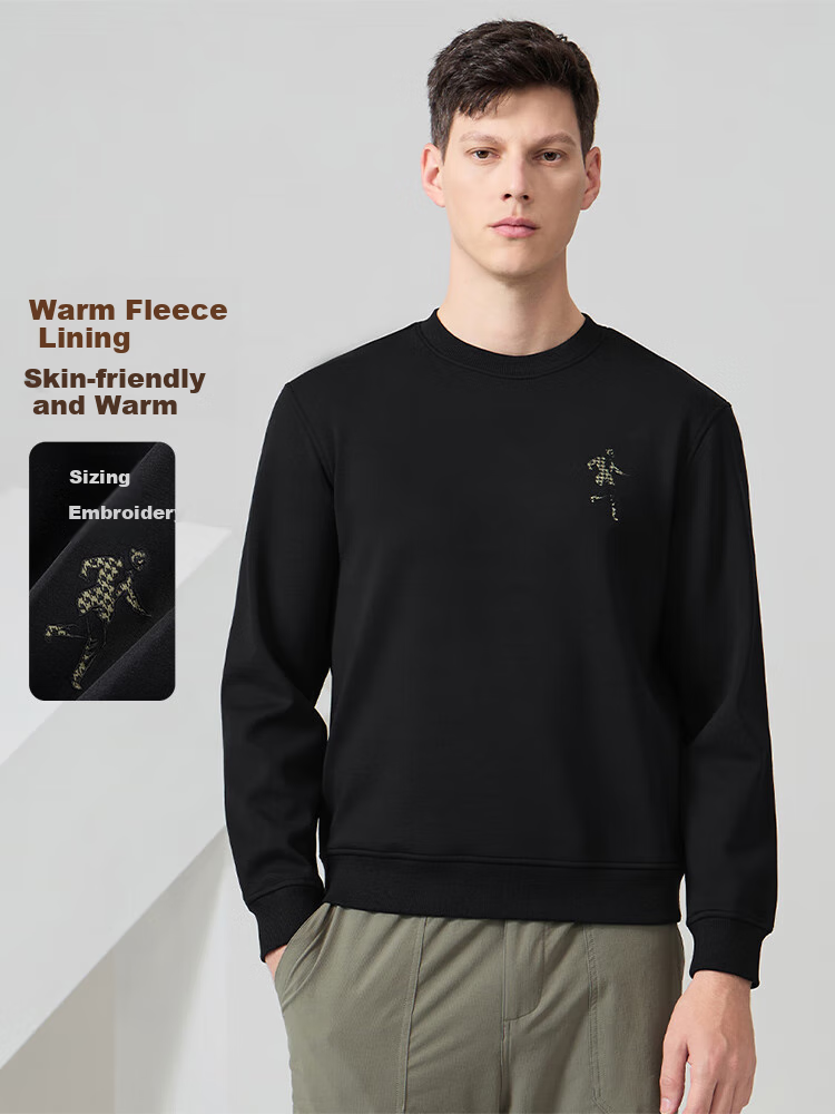 Dancing with Wolves [Long-staple Cotton Lined with Fleece] Autumn Winter Thickened Warm Crewneck Sweatshirt Men's Hoodie 001 Black 170 2
