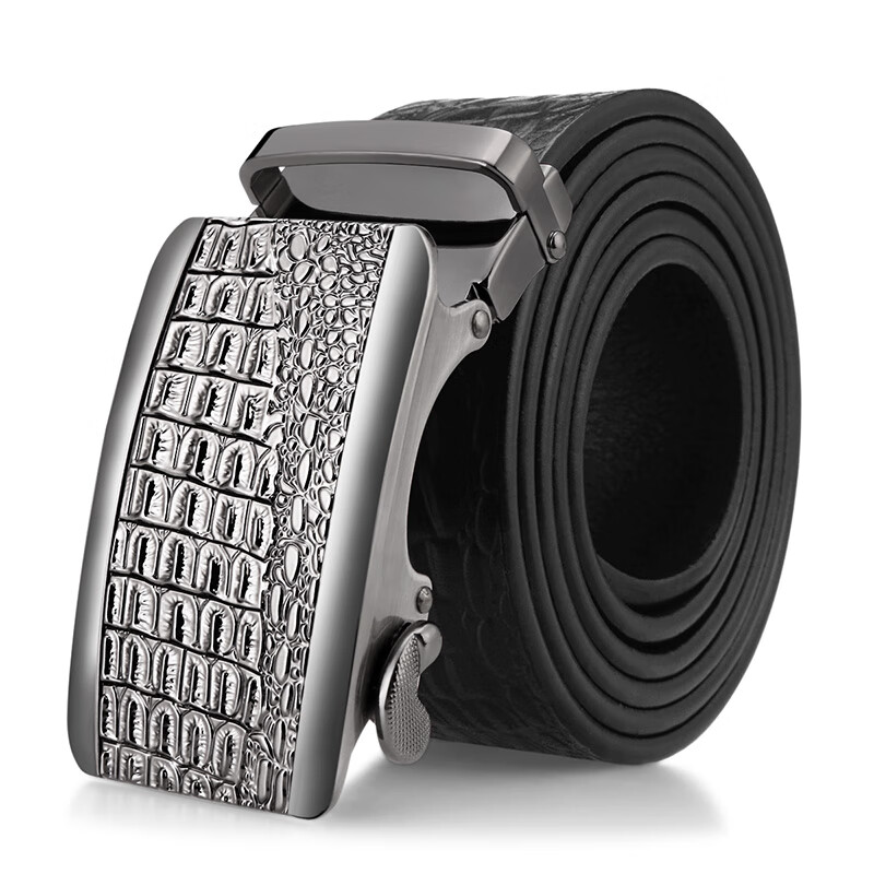 Cattlesboss Men's Leather Belt with Automatic Buckle, Alligator Pattern Business Belt 7075 Gift Elegant Black 110cm