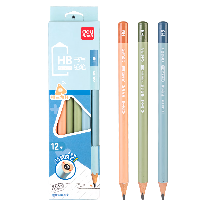 Deli Colored Extra Thick Triangular HB Writing Pencils (12 Pcs/box), Easy-Grip Student Exam Sketching Drawing Pencils, Children's HC140-HB School Supplies for Students
