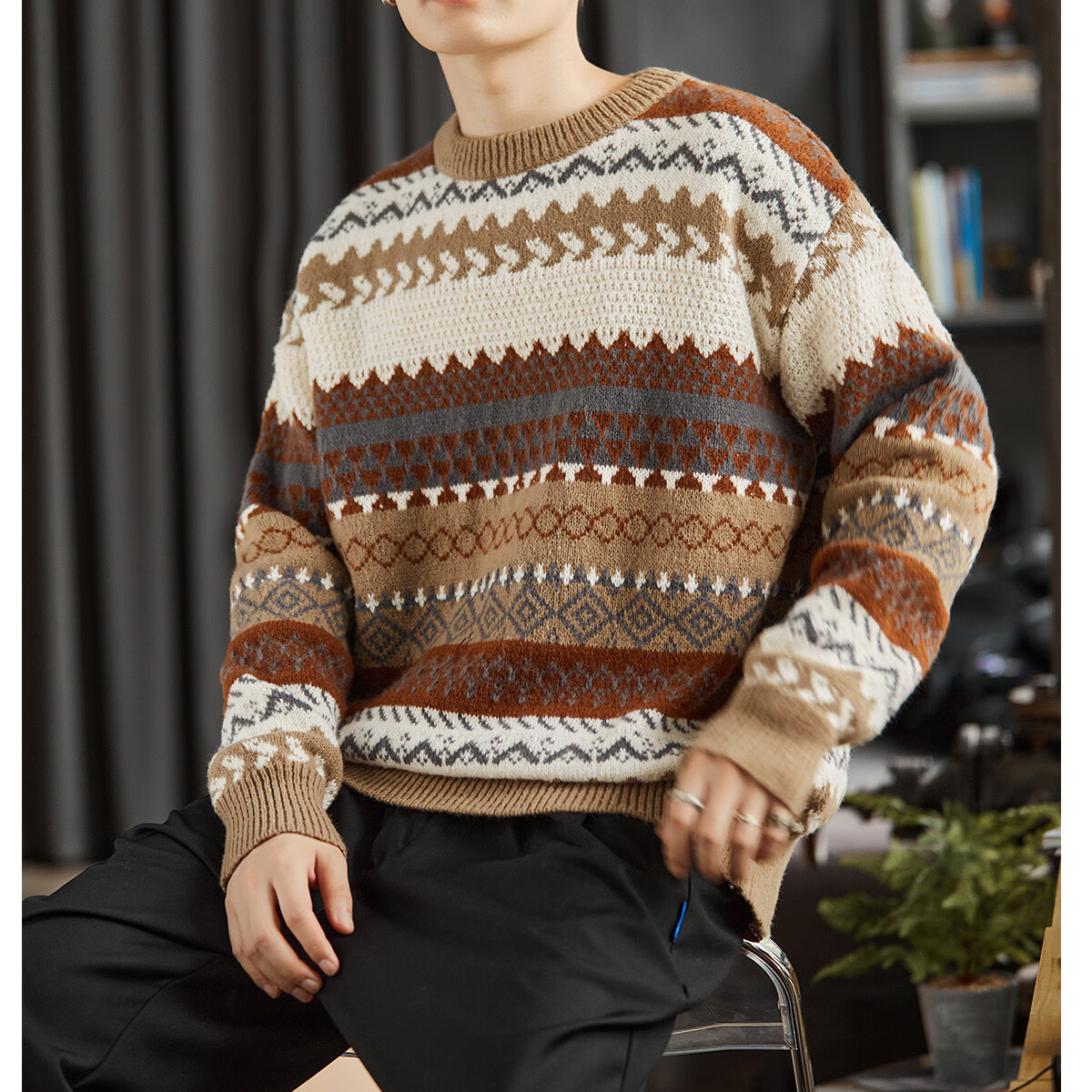 TonLion Autumn And Winter Men's Sweater, Jacquard Round Neck Knit Pullover, Japanese Retro Lazy Style Geometric Patter