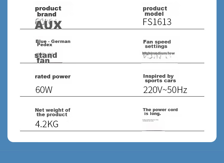 AUX Electric Fan / Mechanical Pedestal Fan / Home Fan / Air Circulation / Seven-Blade Fan / High Airflow Fan FS1619 (Timer with Extended Cord) 12