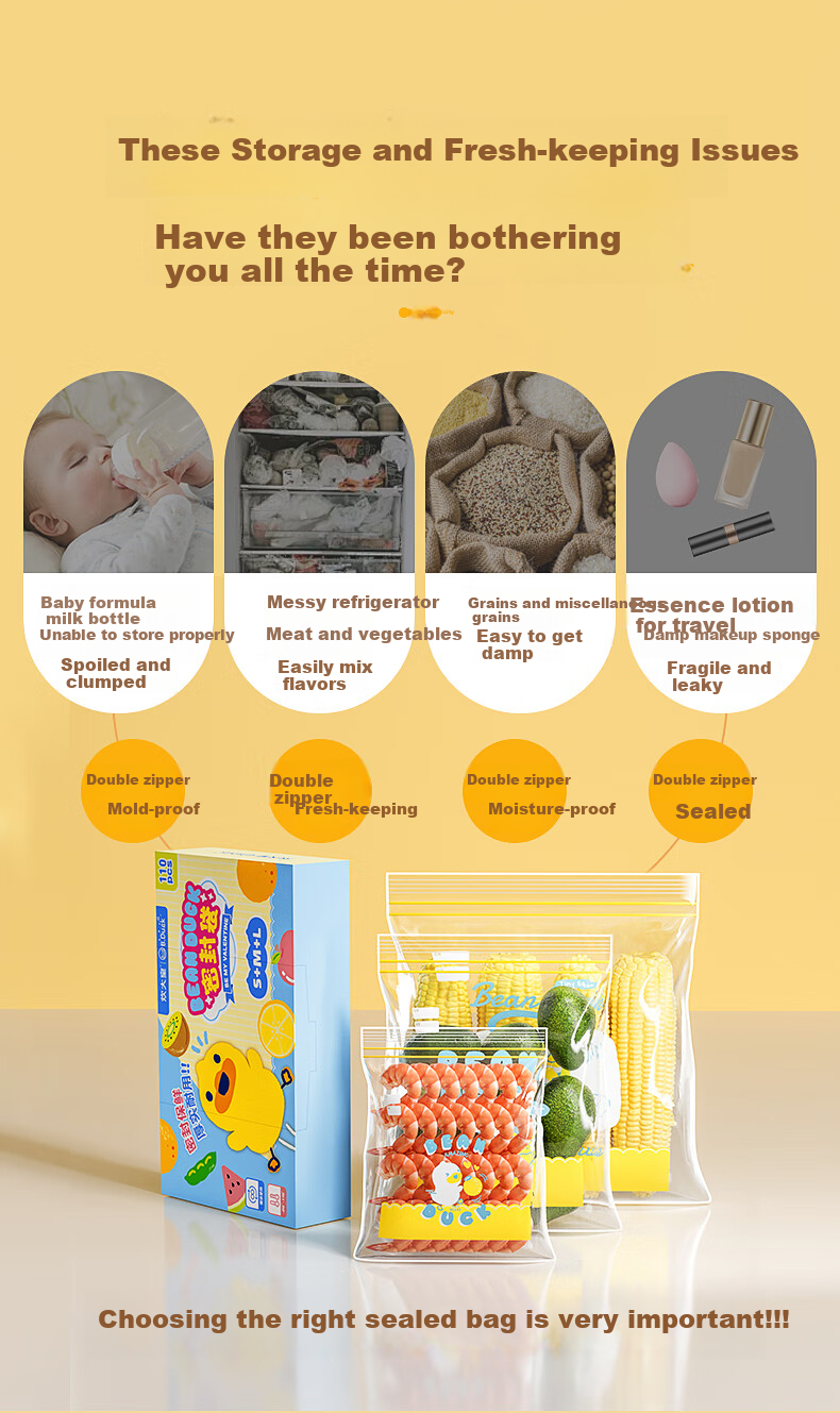 COOKER KING Food-Grade Heat-Resistant Sealed Bags, Large/medium/small Combo Pack, 110 Count, Thickened Fresh-Keeping Self-Sealing Bags, Little Yellow Duck Co-Branded 3