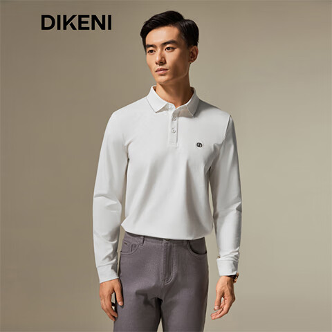 DIKENI Spring And Autumn Men's Lapel Long-Sleeve Knitted Business-Style Polo Shirt, Sand White, Size L (50)