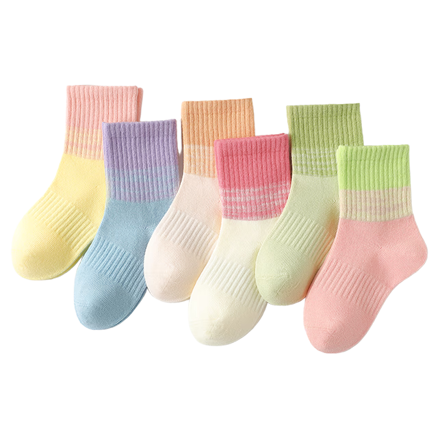 Bingxuemumian Children's Socks, Girls' Mid-Calf Cotton Socks for Autumn And Winter, 6 Pairs, for Older Children, Seamless Spring And Autumn Gradient Trendy Short Socks for All Seasons