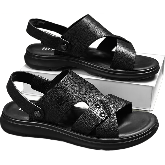 HLA Men's Slip-On Sandals, Top-Grain Leather Breathable Beach Shoes for Men T031 Black Size 43