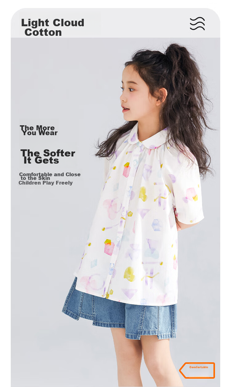 QQ DUCK Girls' Shirt Summer Children's Cute Lapel Short-Sleeve Youth Clothing Graffiti White; 140 2
