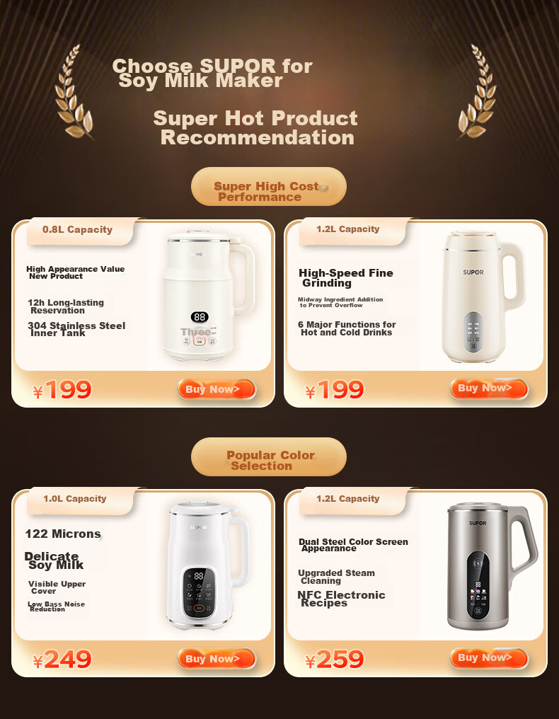 SUPOR Soy Milk Maker, 0.8L Small Home Juicer, 1-12H Reservation Multi-Function Filterless Automatic Cleaning for 1-2 People, DJ08B-P31E Subsidies 1