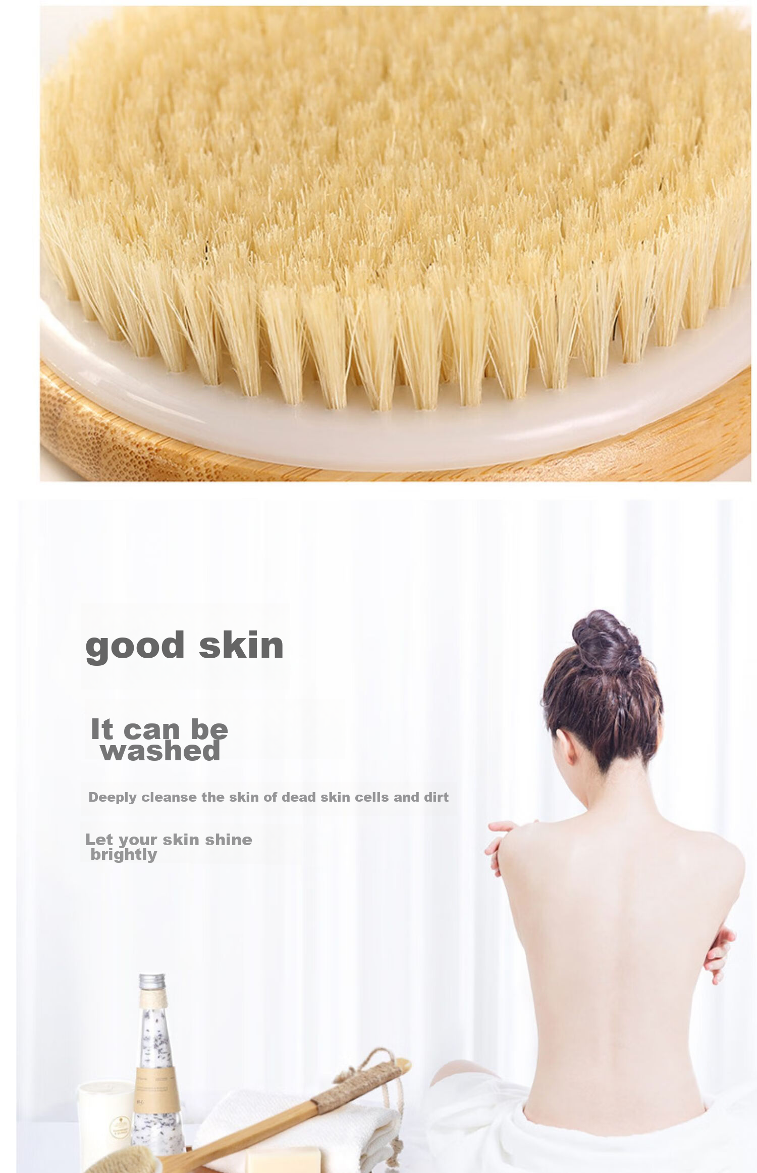 Baoshi Back Scrubber, Bath Brush, Pig Bristle Brush Head, Nanmu Bamboo Long Handle, Deep Cleaning Back Scrubbing Bristle Brush 5
