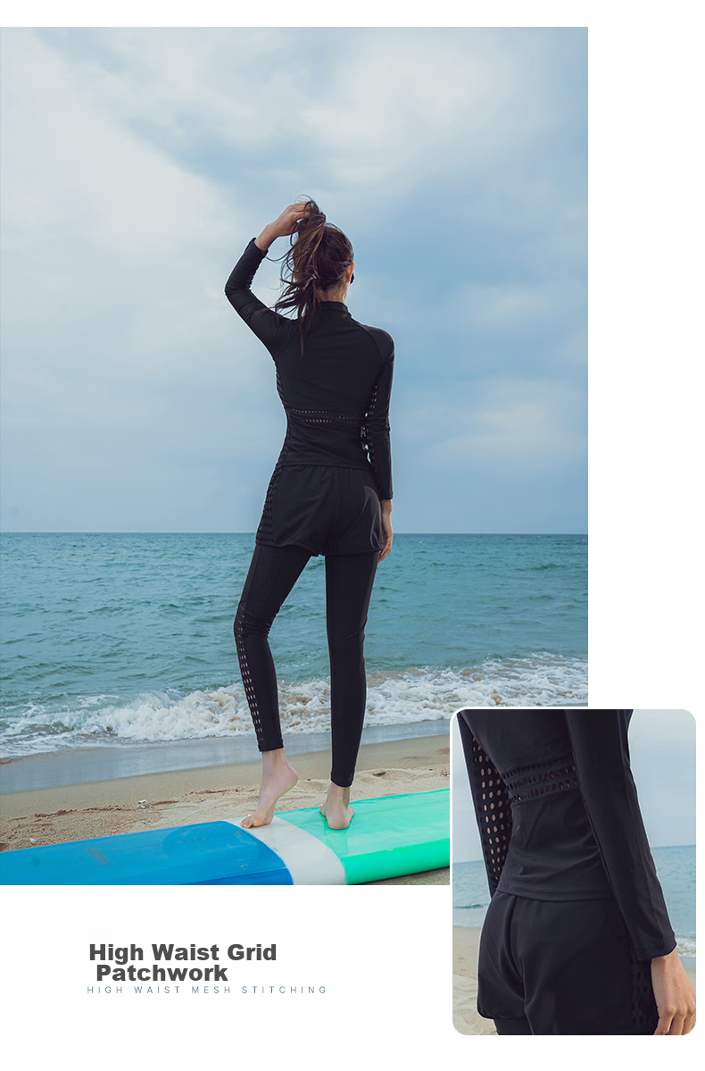 Sanqi Women's Two-Piece Swimsuit, Conservative Long-Sleeve Top And Long Pants Set for Hot Springs, Diving Suit Swimwear 21007 Black Size M 4