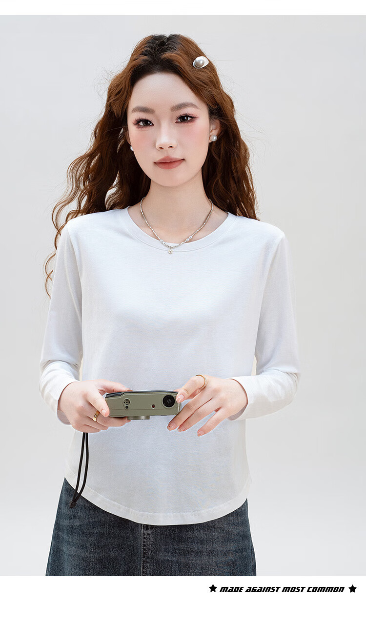 NOME Autumn And Winter New Round Neck Slim-Fit Long-Sleeve T-Shirt for Women, Body-Hugging Waist-Cinching Base Layer Inner Wear, White, XL 10
