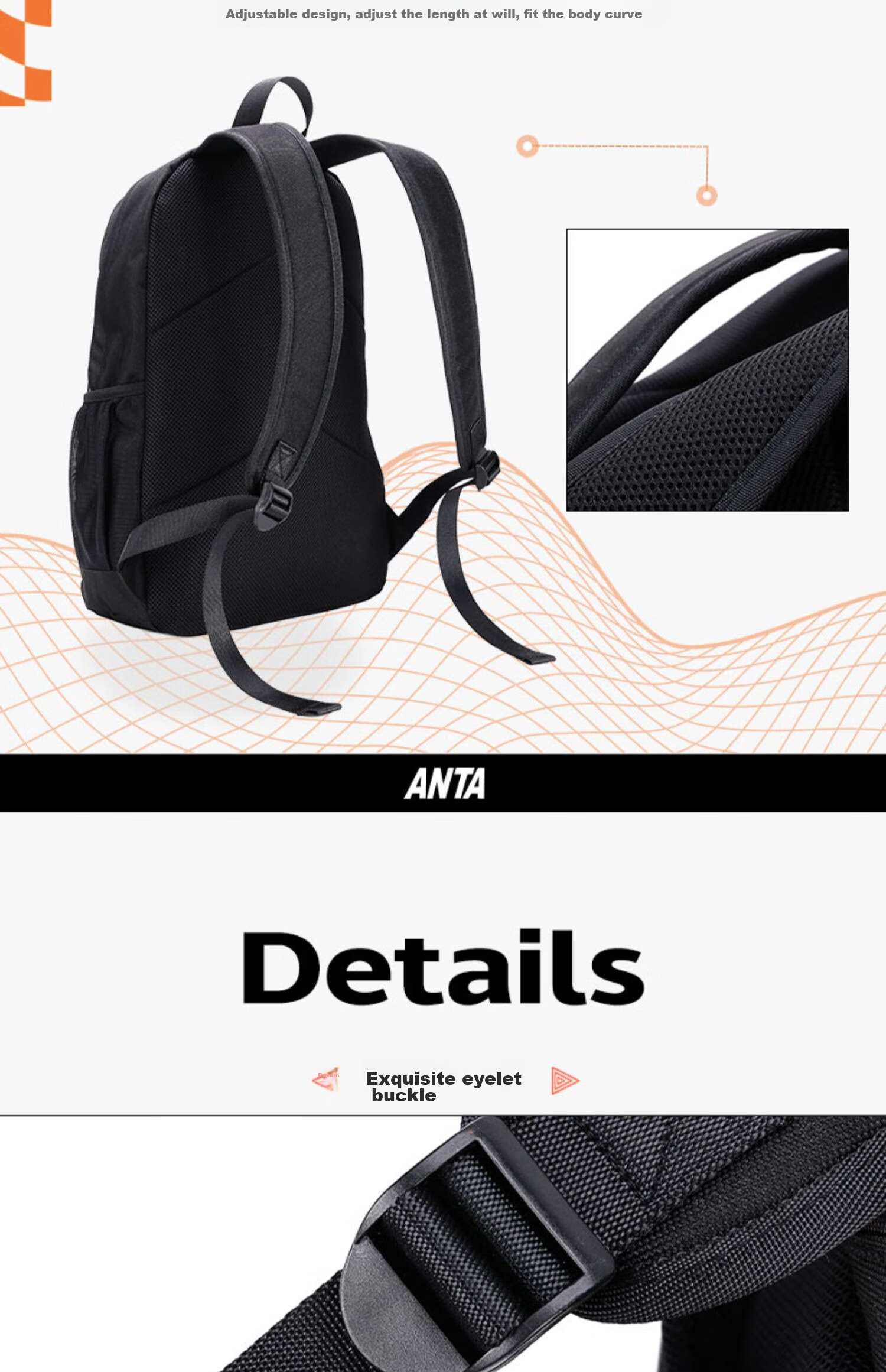 Anta Walker Black Backpack Unisex Student School Bag Laptop Sports Travel Bag 17