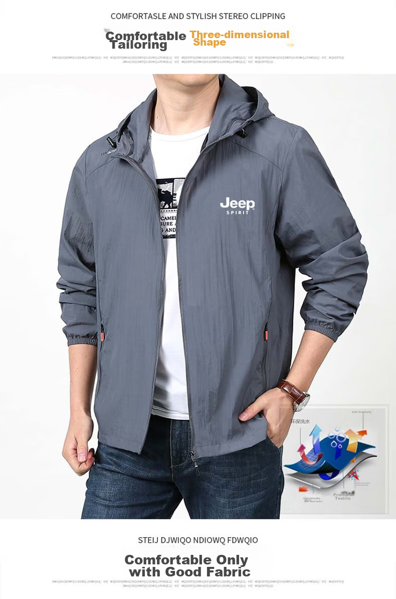JEEP SPIRIT Men's Sun Protection Hoodie, Summer Outdoor Sports Skin Coat, Casual Jacket, Fishing Wear, Light Gray, 4XL 6