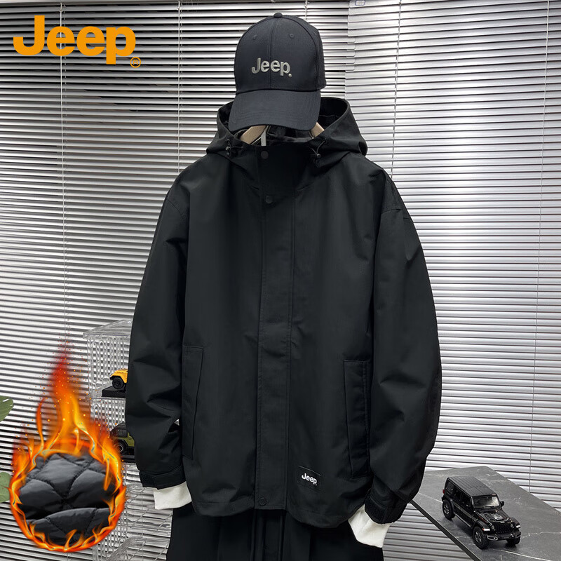 JEEP Men's Jacket, Spring And Autumn Casual Loose Windbreaker Workwear Clothing, Black Padded, 2XL