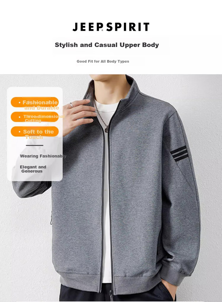 JEEP SPIRIT Men's Jacket, Autumn Sweatshirt, Casual Sports Stand-Collar Clothing, Black, 4XL 1