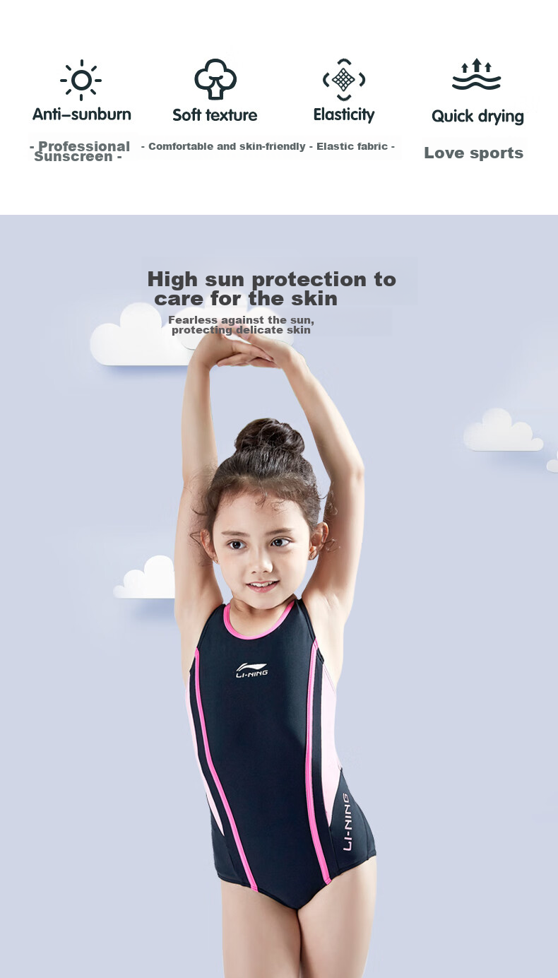 Li-Ning Children's Swimsuit, Girls' One-Piece Triangle Swimwear, Quick-Drying Breathable Professional Training Swimwear 516 Black Pink 170 2