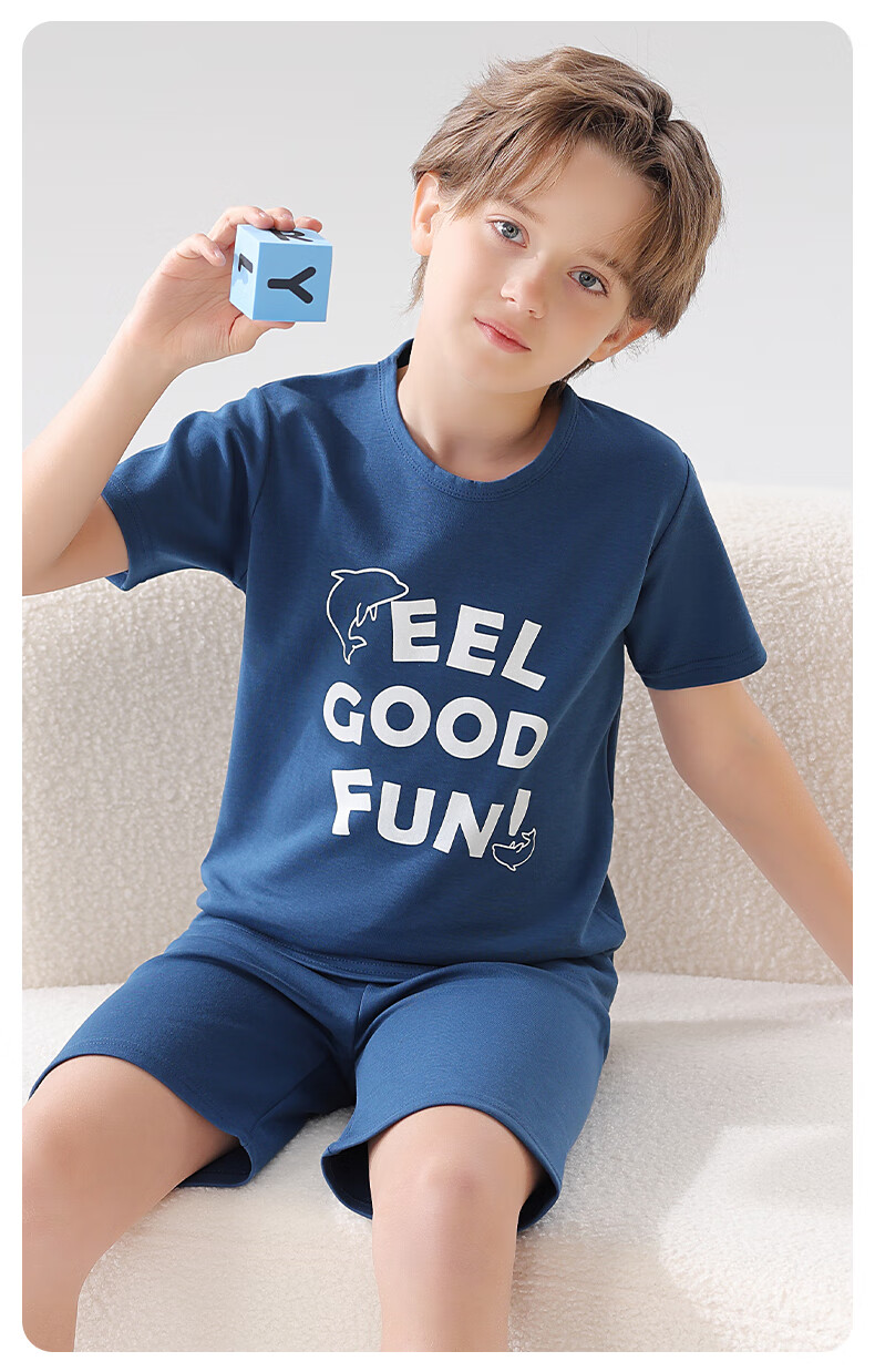 MiiOW Children's Pajamas, Boys' T-Shirt Home Wear Set, Summer, 40-Count Combed Xinjiang Cotton, Antibacterial, 130cm 9