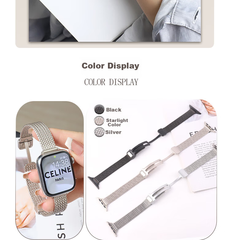 MSSM Compatible Apple Watch Band for Apple IWatch S12/11/10/SE/ultra4 Metal Slim Waist S8 Magnetic Women's Wristband - Starlight Color 44/45/46/49 2