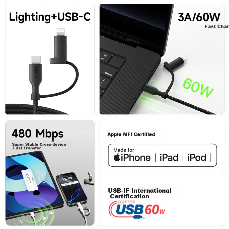 BELKIN Two-In Charging Cable, Apple Data Cable, Type-C Adapter Charger, Huawei Fast-Charging Data Cable, One-To White 1.5 Meters CAC003