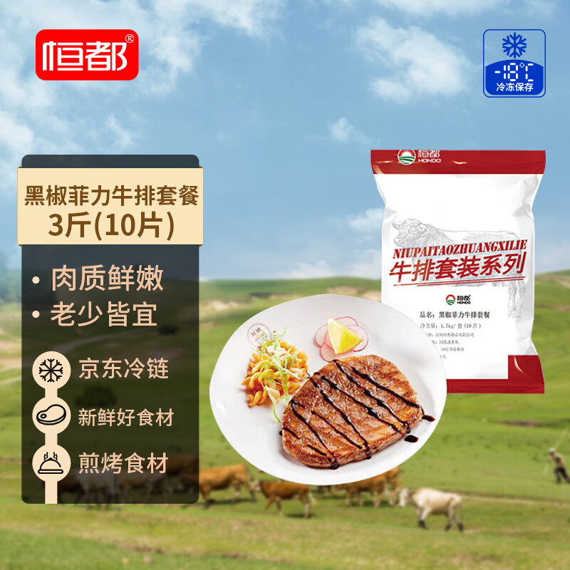 恒都 加工调理黑椒菲力牛排3斤/10片含料包生鲜牛肉