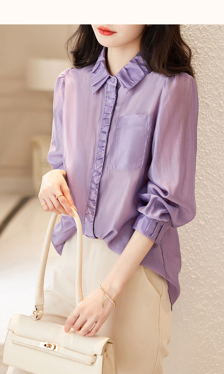 Dme [Smooth And Silky] Spring And Autumn Commute Light Luxury Tencel Shirt, Lapel Design, Pleated Long-Sleeve Blouse for Women Top 11