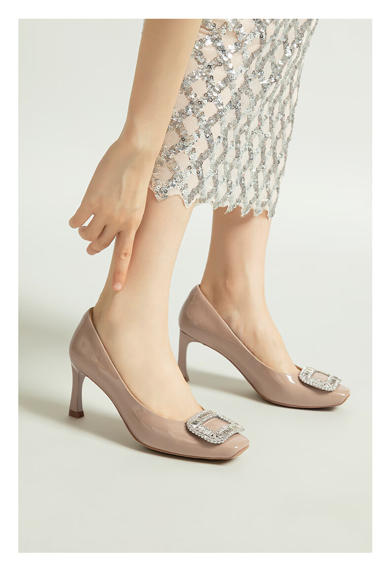 COMELY Square Buckle High Heels for Women, Spring Commute Square Toe Fashionable French Rhinestone Pumps Stiletto Shoes, Pink Apricot Color, Size 36 17