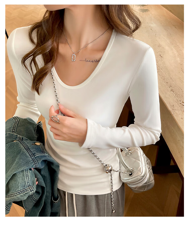 Zhuomuniao Autumn And Winter New Women's Long-Sleeve T-Shirt, Thick Fleece, Small U-Neck, Slim-Fit Top, Black, S 7