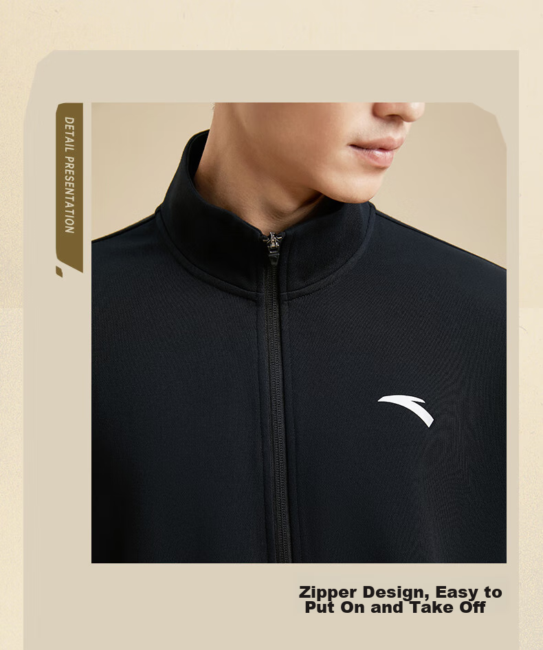 Anta Men's Fleece-Lined Sports Set Spring Windproof Stand Collar Zip-Up Jacket and Pants Sportswear Casual Pants 8
